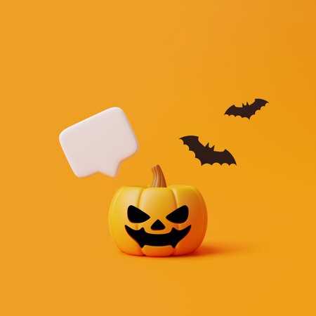 Jack-o-Lantern pumpkin with speech bubble and bats on orange background. Happy Halloween concept. Traditional october holiday. 3d rendering illustrationの写真素材