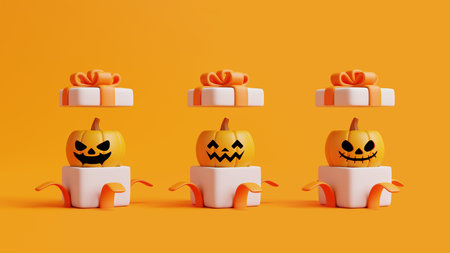 Opened gift boxes with Halloween Jack-o-Lantern pumpkins on orange background. Happy Halloween concept. Traditional october holiday. 3d rendering illustrationの写真素材