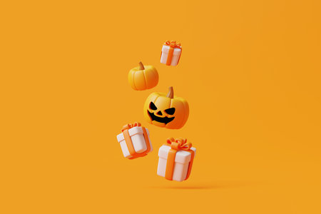 Cartoon gift boxes with Halloween Jack-o-Lantern pumpkins hover in the air on orange background. Happy Halloween concept. Traditional october holiday. 3d rendering illustrationの写真素材