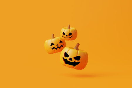 Jack-o-Lantern pumpkins floating on orange background. Happy Halloween concept. Traditional october holiday. 3d rendering illustrationの写真素材