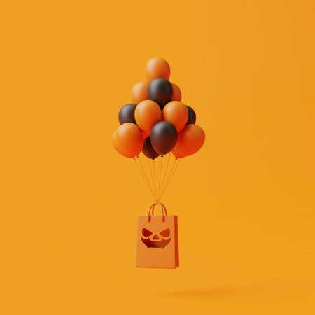 Jack-o-lantern pumpkin shopping bag and balloons floating on orange background. Happy Halloween concept. Traditional october holiday. 3d rendering illustrationの写真素材