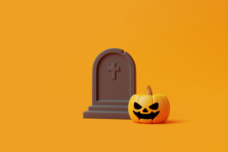 Jack-o-Lantern pumpkin with grave on orange background. Happy Halloween concept. Traditional october holiday. 3d rendering illustrationの写真素材