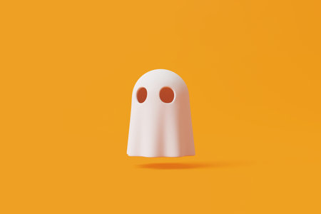 Simple halloween cartoon ghost on orange background. Happy Halloween concept. Traditional october holiday. 3d rendering illustrationの写真素材