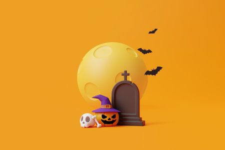 Jack-o-Lantern pumpkin wearing witch hat with skull, bone, bats and grave under the moon on orange background. Happy Halloween concept. Traditional october holiday. 3d rendering illustrationの写真素材
