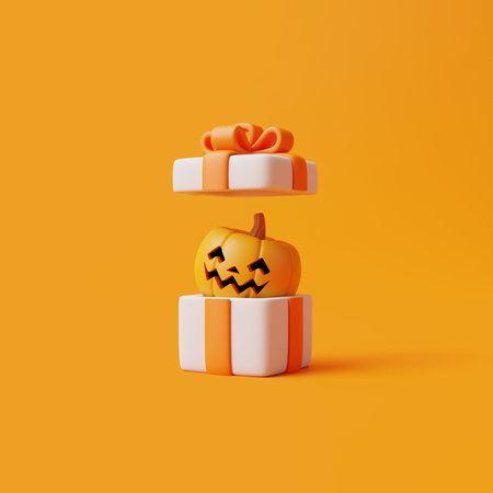 Opened gift box with Halloween Jack-o-Lantern pumpkin on orange background. Happy Halloween concept. Traditional october holiday. 3d rendering illustrationの写真素材