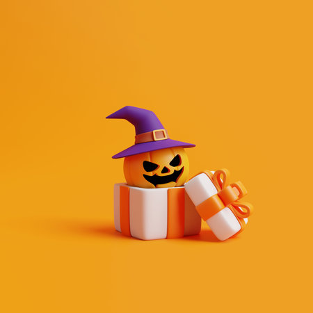 Opened gift box with Halloween Jack-o-Lantern pumpkin wearing witch hat on orange background. Happy Halloween concept. Traditional october holiday. 3d rendering illustrationの写真素材