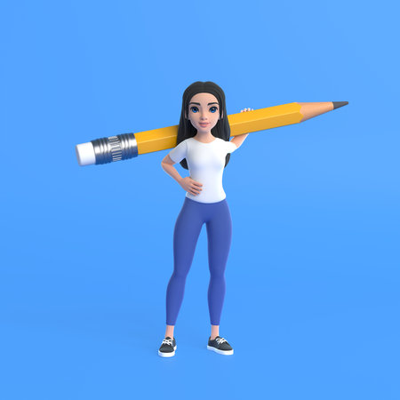Cartoon funny cute girl in a white T-shirt and jeans holding a huge pencil on a blue background. Woman minimalist style. people characters illustration. 3D rendering illustrationの写真素材
