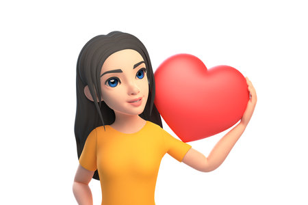 Cartoon funny cute girl in a yellow T-shirt and jeans holding red heart shape with her hand on a white background. Woman minimalist style. people characters illustration. 3D rendering illustrationの写真素材