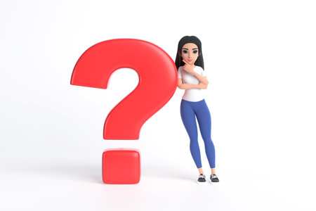 Cartoon funny cute girl in a white T-shirt and jeans next to red question mark on a white background. Woman minimalist style. people characters illustration. 3D rendering illustrationの写真素材