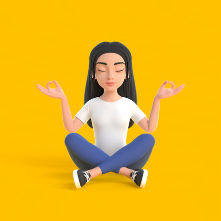 Cartoon funny cute girl in a white T-shirt and jeans with closed eyes in yoga lotus position on a yellow background. Illustration of meditating woman sitting on the floor. 3D renderingの写真素材