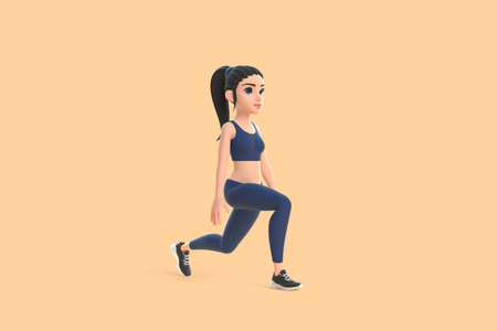 Cartoon character woman in sportswear doing squats on beige background. 3d render illustrationの写真素材