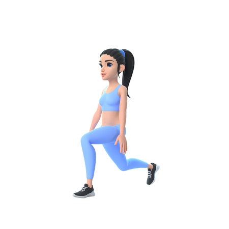 Cartoon character woman in sportswear doing squats isolated on white background. 3d render illustrationの写真素材