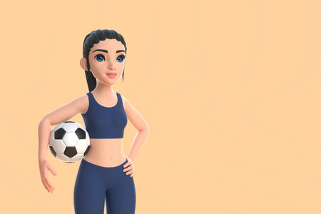 Cartoon character woman in sportswear holding soccer ball on beige background. 3d render illustrationの写真素材