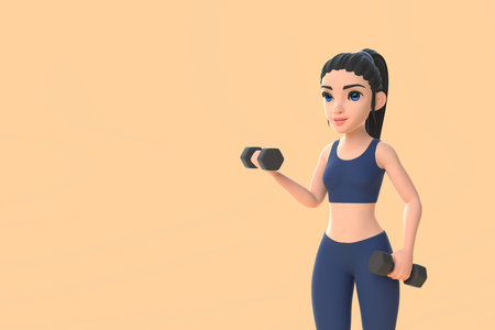 Cartoon character woman in sportswear doing exercises with dumbbells on beige background. 3d render illustrationの写真素材