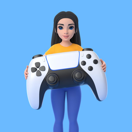 Cartoon character woman holds a large gamepad on blue background. 3d render illustration