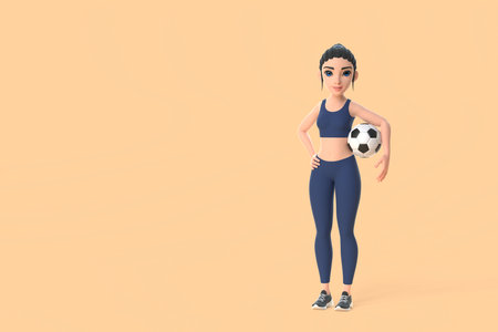 Cartoon character woman in sportswear holding soccer ball on beige background. 3d render illustrationの写真素材