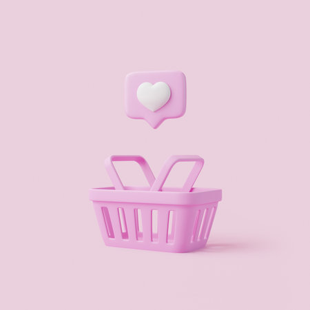 Cartoon shopping basket with heart sign on notification speech bubble on pink background. Minimal style empty grocery shopping cart. 3D render illustrationの写真素材