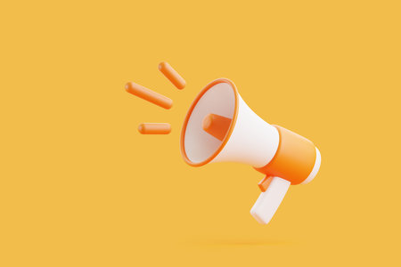 Cartoon megaphone on orange background. Loudspeaker or bullhorn in minimal style. 3d render illustrationの写真素材