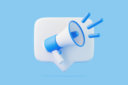 Cartoon megaphone with notification speech bubble on blue background. Loudspeaker or bullhorn in minimal style. 3D render illustrationの写真素材