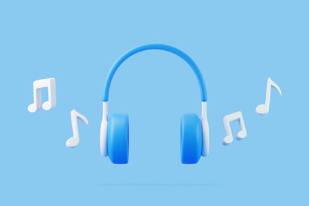 Cartoon headphones and melody note flying on blue background. Concept of listening to music, radio, podcasts and books. Minimal creative concept. 3D render illustrationの写真素材