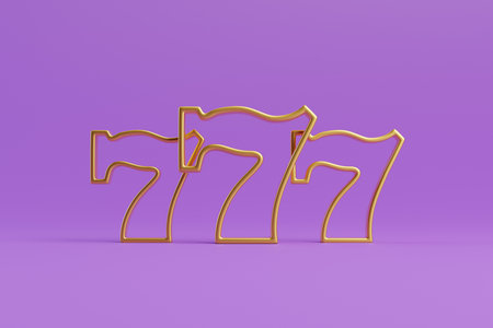 Three golden lucky sevens on a purple background. Casino symbol. 3D render illustrationの写真素材