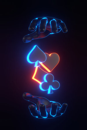 Aces cards symbols with futuristic neon blue and red lights on a black background. Club, diamond, heart and spade icon with hands. 3D render illustrationの写真素材
