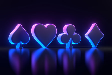 Aces cards symbols with futuristic neon blue and pink lights on a black background. Club, diamond, heart and spade icon. 3D render illustrationの写真素材
