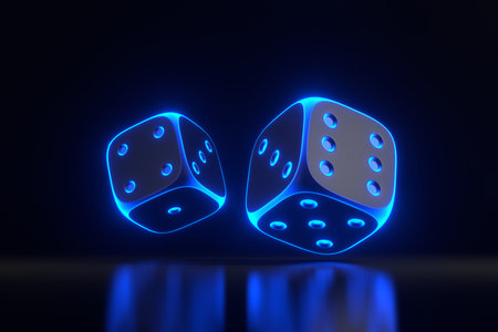 Two rolling gambling dice with futuristic neon blue lights on a black background. Lucky dice. Board games. Money bets. 3D render illustrationの写真素材