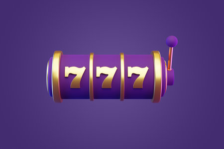 Slot machine on a purple background. Lucky seven symbol. Casino concept. 3D render illustrationの写真素材
