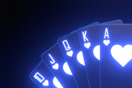 Playing cards with futuristic neon blue lights on a black background. Casino cards, blackjack, poker. 3D render illustrationの写真素材