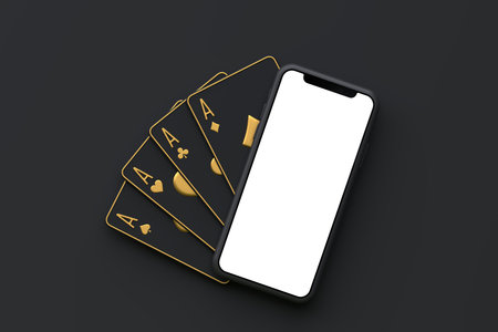 Playing cards with mobile phone on a black background. Casino cards, blackjack, poker. Top view. 3D...