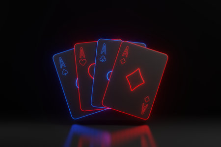 Playing cards with futuristic neon red and blue lights on a black background. Casino cards, blackjack, poker. Front view. 3D render illustrationの写真素材