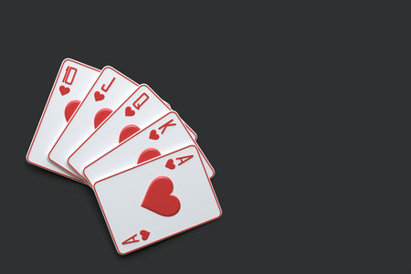 Playing cards on a black background. Casino cards, blackjack, poker. Top view. 3D render illustrationの写真素材