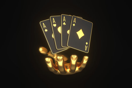 Playing cards with golden hand on a black background. Casino cards, blackjack, poker. 3D render...