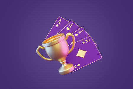 Playing cards with trophy cup on a purple background. Casino cards, blackjack, poker. 3D render illustrationの写真素材