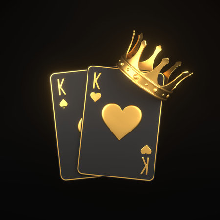 Playing cards with golden crown on a black background. Casino cards, blackjack, poker. 3D render illustrationの写真素材