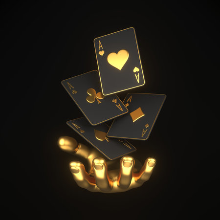 Playing cards with golden hand on a black background. Casino cards, blackjack, poker. 3D render illustrationの写真素材