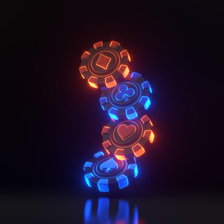 Casino chips and aces cards symbols with futuristic neon red and blue lights on a black background. Poker, blackjack, baccarat game concept. Heart, diamond, club and spade icon. 3D render illustrationの写真素材