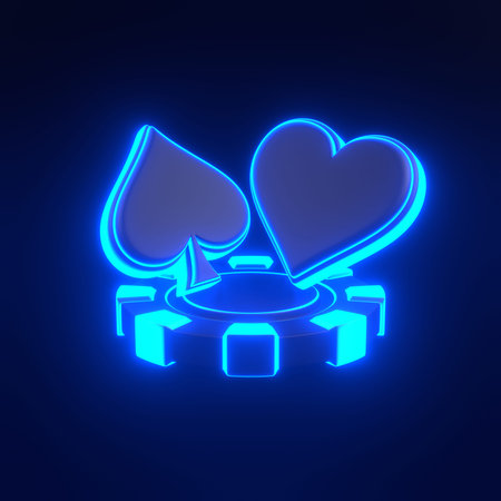 Casino chips and aces cards symbols with futuristic neon blue lights on a black background. Poker, blackjack, baccarat game concept. Heart and spade icon. 3D render illustrationの写真素材