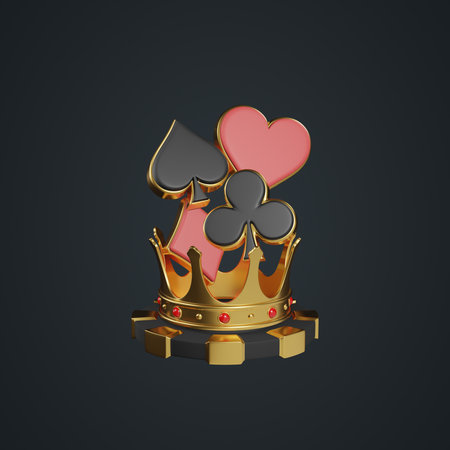 Casino chips, golden crown and aces cards symbols on a black background. Poker, blackjack, baccarat game concept. Heart, diamond, club and spade icon. 3D render illustrationの写真素材