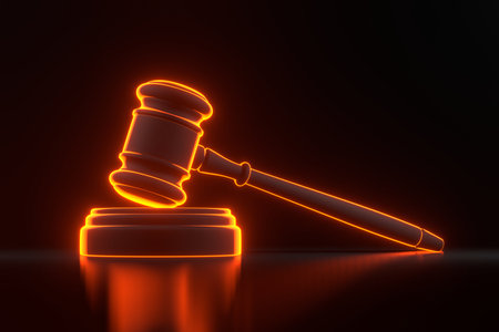 Judge gavelwith bright glowing futuristic orange neon lights on black background. Bidding at auctions. Liability for corruption. Protection of rights. Law and fine. Tax avoidance. 3D renderの写真素材