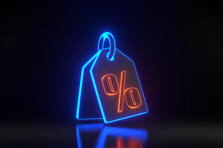 Price tag, label, discount coupon and percent sign with bright glowing futuristic blue and orange neon lights on black background. 3D render illustrationの写真素材