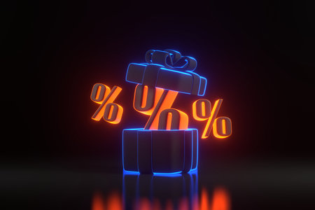 Opened gift box with ribbon and big percent signs with bright glowing futuristic blue and orange neon lights on a black background. Black Friday Super Sale concept. 3D render illustrationの写真素材