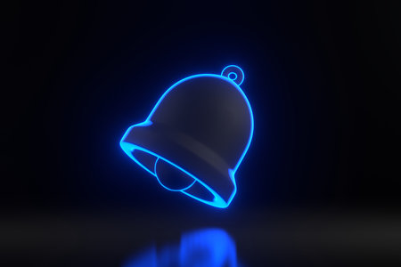 Notification bell with bright glowing futuristic blue neon lights on a black background. 3D render illustrationの写真素材