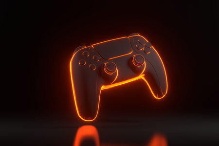 Gamepad with bright glowing futuristic orange neon lights on black background. Joystick for video...