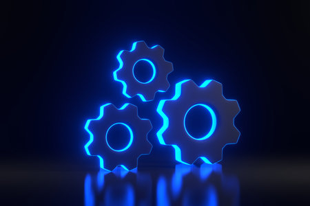 Gears with bright glowing futuristic blue neon lights on black background. 3D render illustrationの写真素材