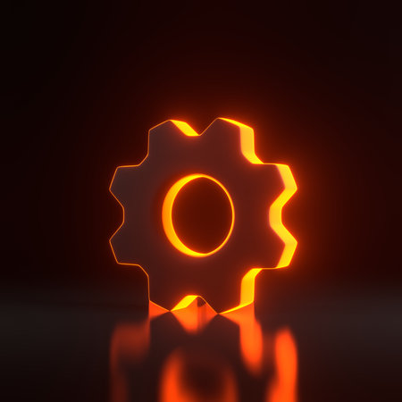 Gear with bright glowing futuristic orange neon lights on black background. 3D render illustrationの写真素材