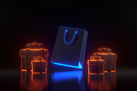 Gift boxes and shopping bag with bright glowing futuristic blue and orange neon lights on black background. Holiday decoration. Festive gift surprise. 3D render illustrationの写真素材