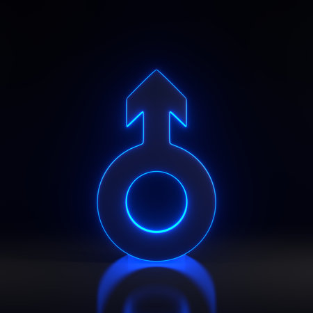 Male symbol with bright glowing futuristic blue neon lights on black background. Sexual symbols. Sign of mars. Gender icon. Man symbol. 3D render illustrationの写真素材