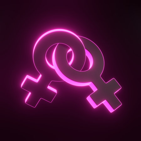 Female symbols intertwined with each other with bright glowing futuristic pink neon lights on black background. Sexual symbols. Sign of venus. Gender icon. Woman symbol. 3D render illustrationの写真素材